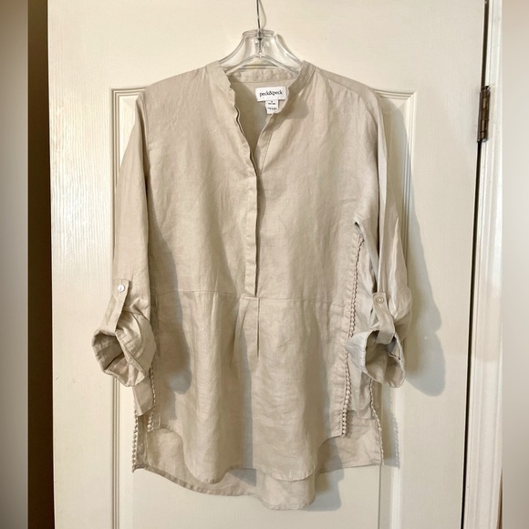 Peck & Peck Linen Tunic Top Roll Tab Sleeves Tan Size M Resort Coastal Boho - Picture 1 of 7